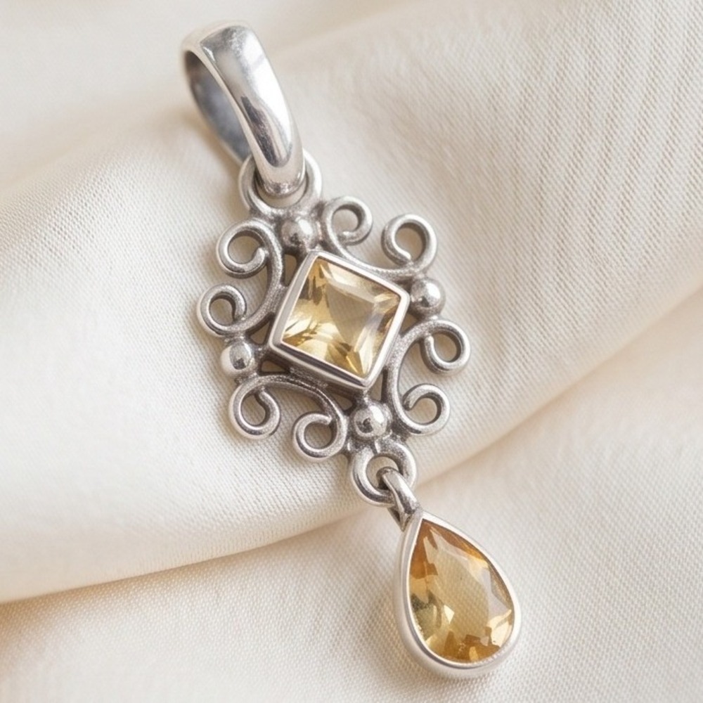 925 Sterling‎ Silver Citrine Filigree Square Pear Dangle Drop Pendant
